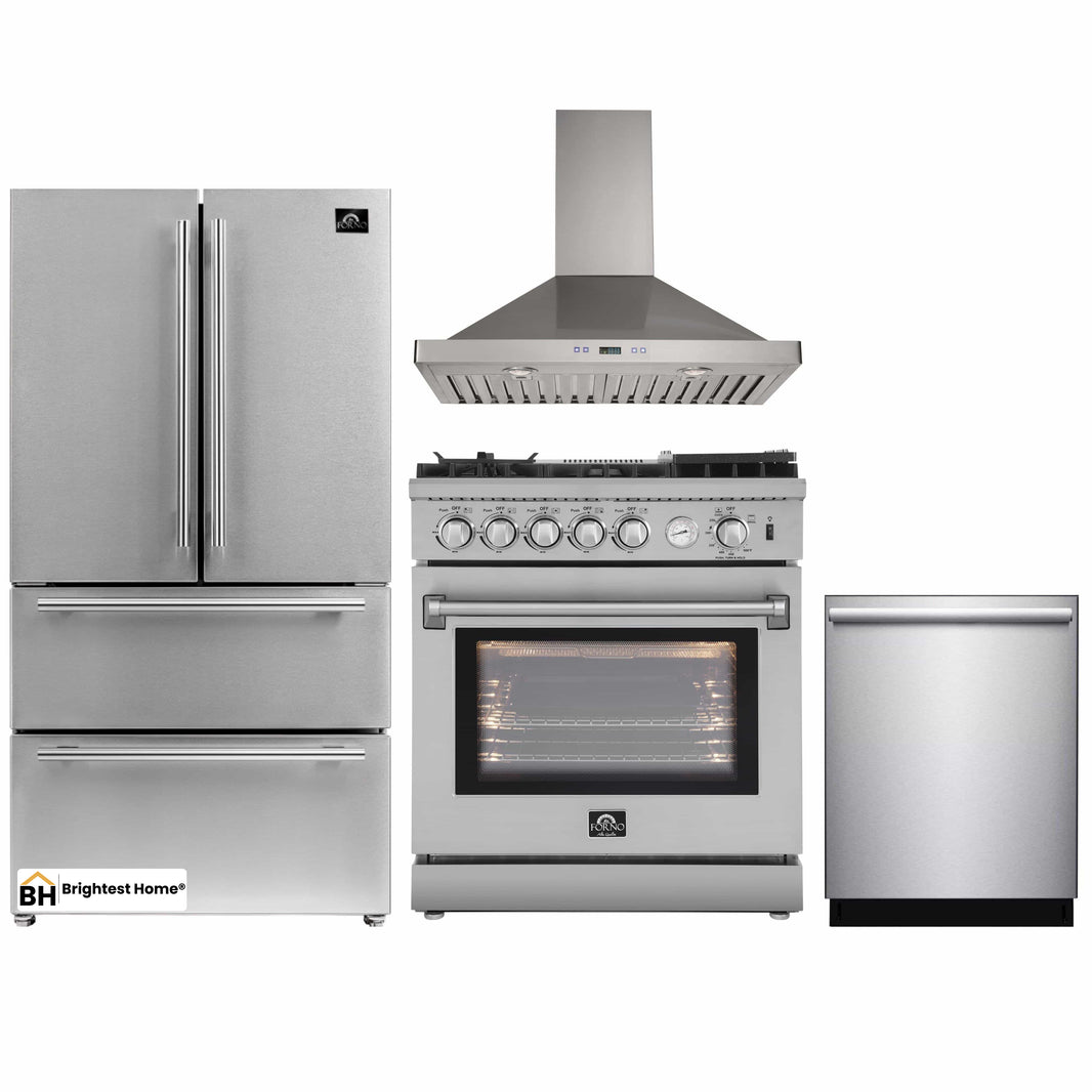 Forno 4-Piece Appliance Package - 30-Inch Gas Range with Air Fryer, Refrigerator, Wall Mount Hood, & 3-Rack Dishwasher in Stainless Steel