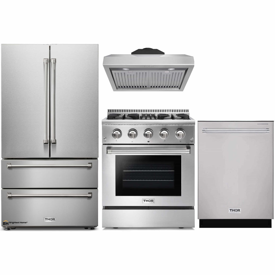 Thor Kitchen 4-Piece Pro Appliance Package - 30-Inch Dual Fuel Range, French Door Refrigerator, Under Cabinet Hood and Dishwasher in Stainless Steel