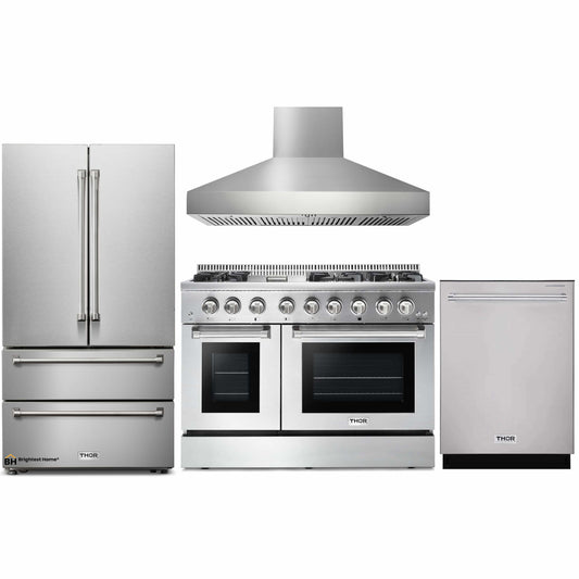 Thor Kitchen 4-Piece Pro Appliance Package - 48-Inch Gas Range, Pro Wall Mount Hood, French Door Refrigerator, and Dishwasher in Stainless Steel