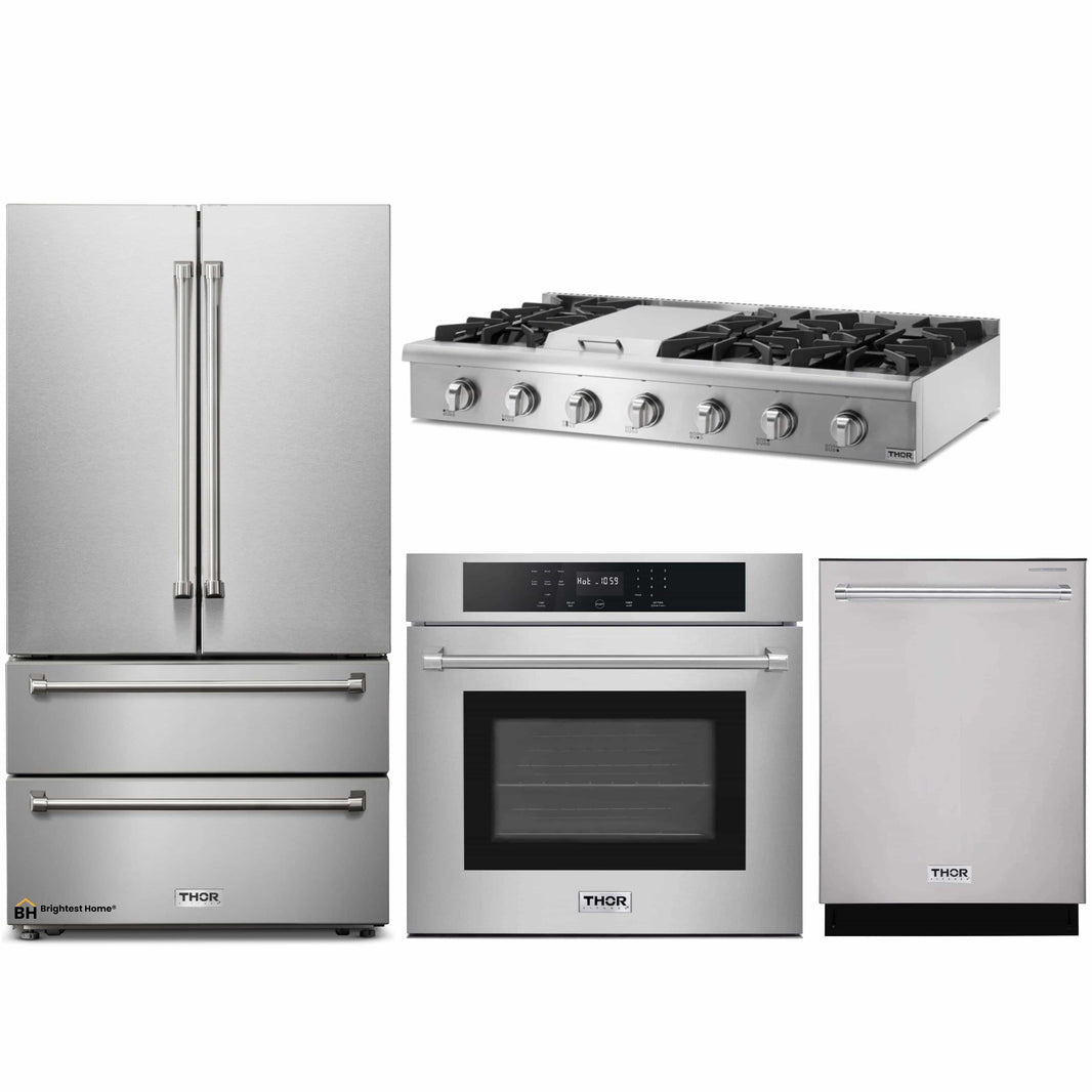 Thor Kitchen 4-Piece Pro Appliance Package - 48-Inch Rangetop, Electric Wall Oven, Dishwasher & Refrigerator in Stainless Steel