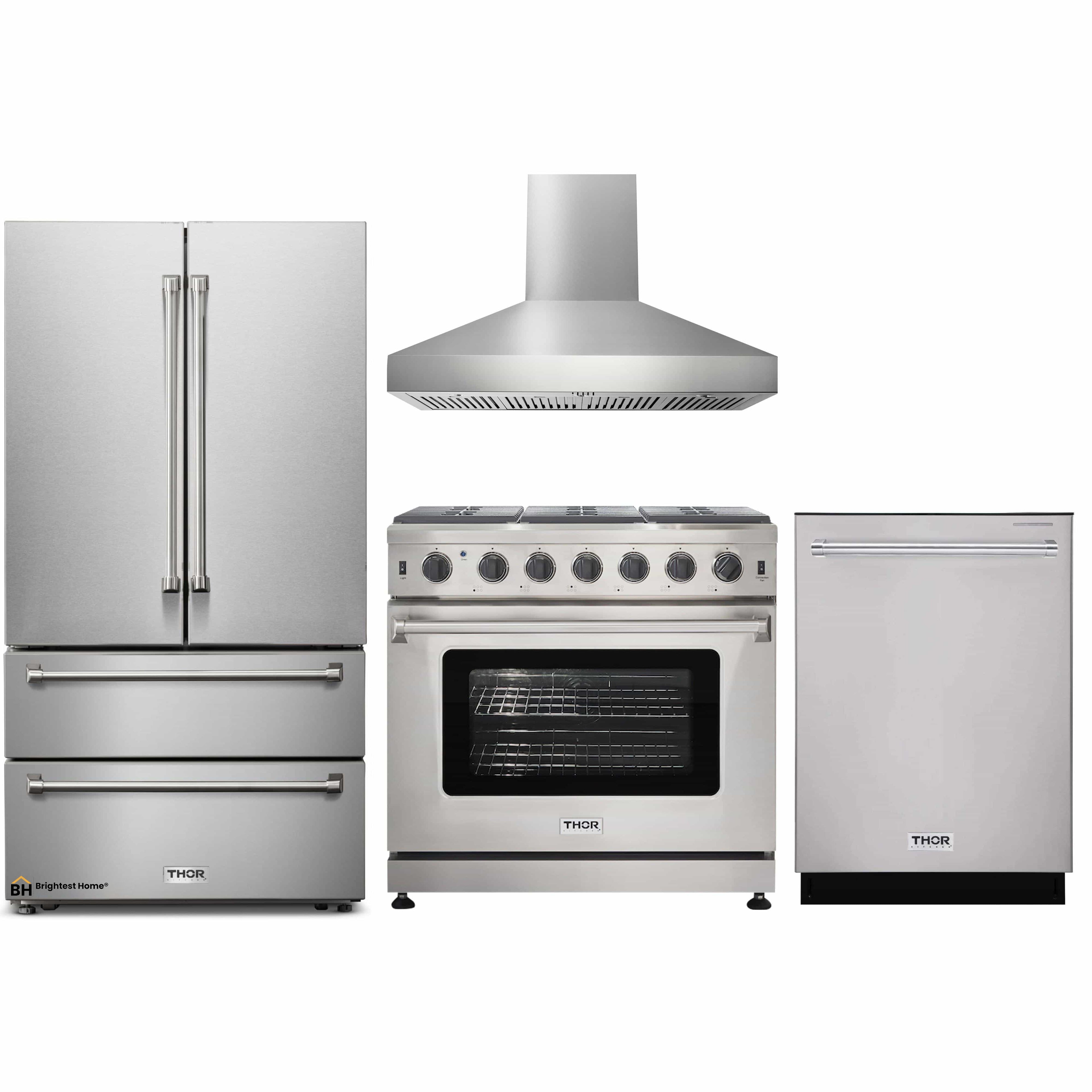 Thor Kitchen 4-Piece Appliance Package - 36-Inch Gas Range, French Door Refrigerator, Pro-Style Wall Mount Hood, and Dishwasher in Stainless Steel