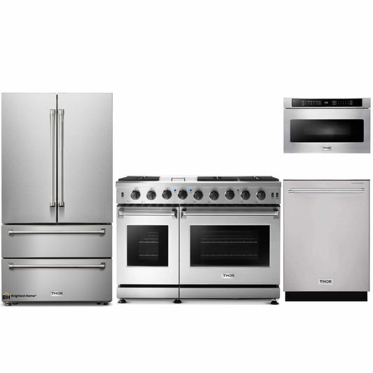 Thor Kitchen 4-Piece Appliance Package - 48-Inch Gas Range, French Door Refrigerator, Dishwasher, and Microwave Drawer in Stainless Steel