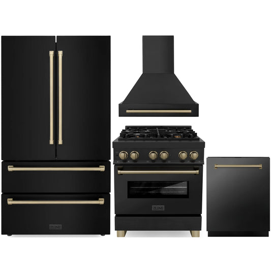 ZLINE Autograph Edition 4-Piece Appliance Package - 30" Dual Fuel Range, 36" Refrigerator, Wall Mounted Range Hood, & 24" Tall Tub Dishwasher in Black Stainless Steel with Champagne Bronze Trim (4AKPR-RABRHDWV30-CB)