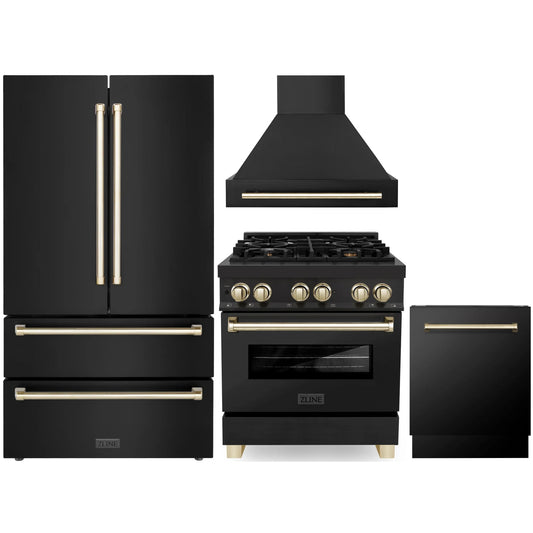 ZLINE Autograph Edition 4-Piece Appliance Package - 30" Dual Fuel Range, Wall Mounted Range Hood, & 24" Tall Tub Dishwasher in Black Stainless Steel with Gold Trim (4AKPR-RABRHDWV30-G)