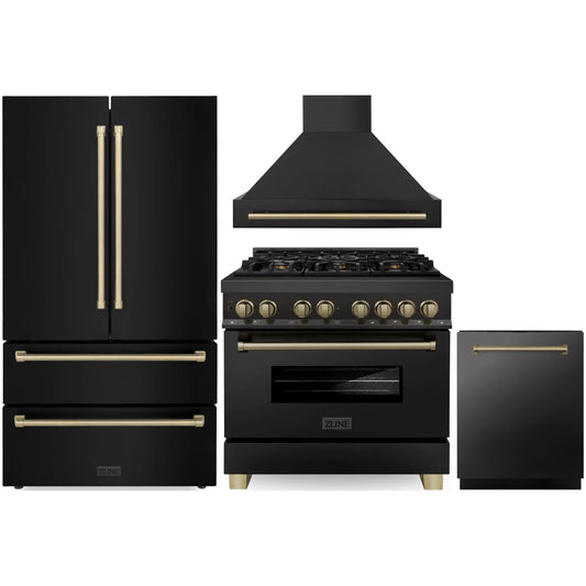ZLINE Autograph Edition 4-Piece Appliance Package - 36" Dual Fuel Range, 36" Refrigerator, Wall Mounted Range Hood, & 24" Tall Tub Dishwasher in Black Stainless Steel with Champagne Bronze Trim (4AKPR-RABRHDWV36-CB)