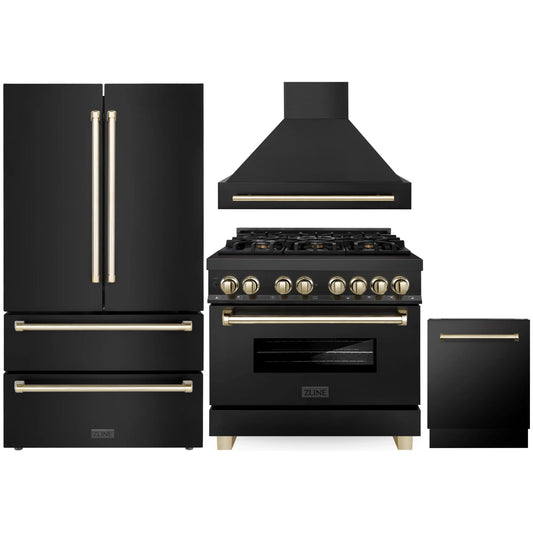 ZLINE Autograph Edition 4-Piece Appliance Package - 36" Dual Fuel Range, 36" Refrigerator, Wall Mounted Range Hood, & 24" Tall Tub Dishwasher in Black Stainless Steel with Gold Trim (4AKPR-RABRHDWV36-G)