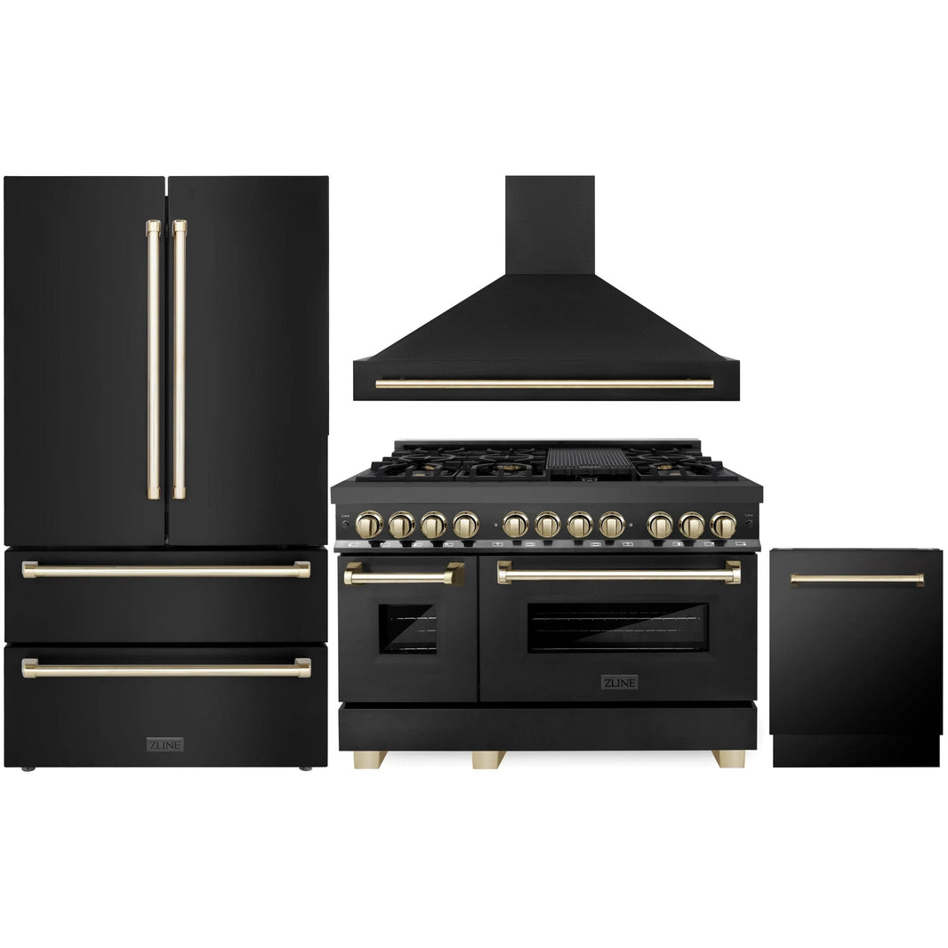 ZLINE Autograph Edition 4-Piece Appliance Package - 48" Dual Fuel Range, 36" Refrigerator, Wall Mounted Range Hood, & 24" Tall Tub Dishwasher in Black Stainless Steel with Gold Trim (4AKPR-RABRHDWV48-G)