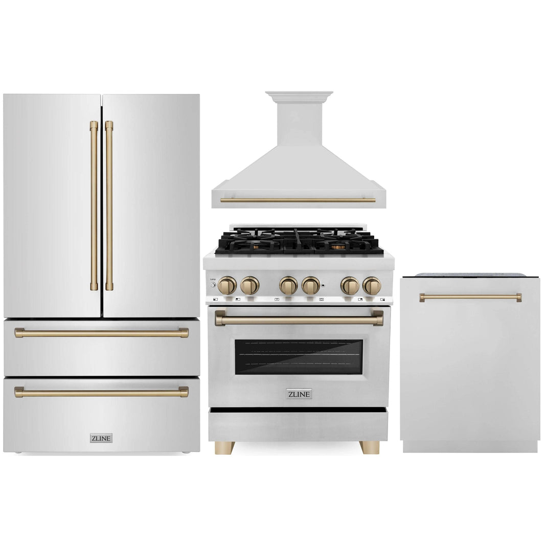 ZLINE Autograph Edition 4-Piece Appliance Package - 30" Dual Fuel Range, 36" Refrigerator, Wall Mounted Range Hood, & 24" Tall Tub Dishwasher in Stainless Steel with Champagne Bronze Trim (4KAPR-RARHDWM30-CB)