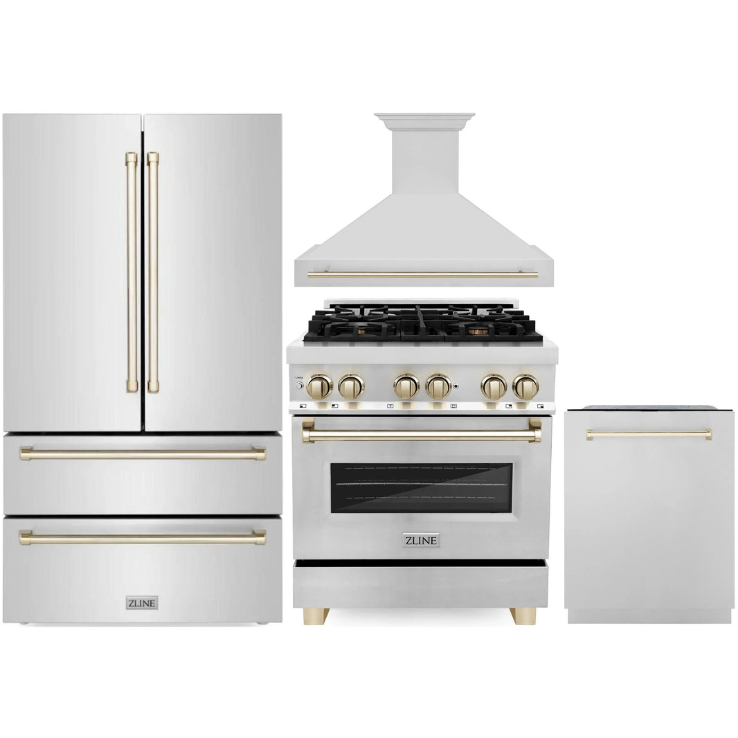 ZLINE Autograph Edition 4-Piece Appliance Package - 30" Dual Fuel Range, 36" Refrigerator, Wall Mounted Range Hood, & 24" Tall Tub Dishwasher in Stainless Steel with Gold Trim (4KAPR-RARHDWM30-G)