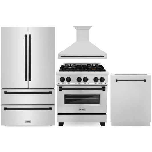 ZLINE Autograph Edition 4-Piece Appliance Package - 30" Dual Fuel Range, 36" Refrigerator, Wall Mounted Range Hood, & 24" Tall Tub Dishwasher in Stainless Steel with Matte Black Trim (4KAPR-RARHDWM30-MB)