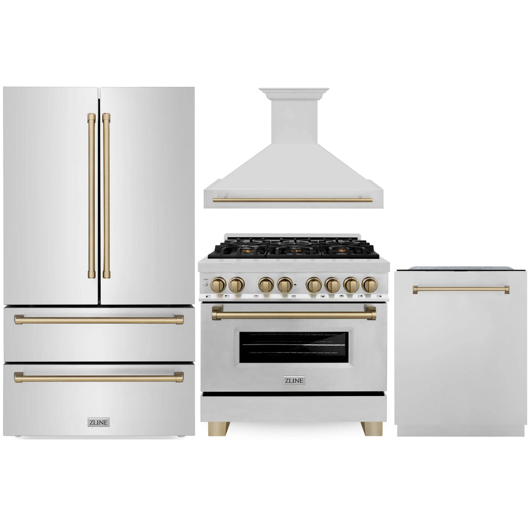 ZLINE Autograph Edition 4-Piece Appliance Package - 36" Dual Fuel Range, 36" Refrigerator, Wall Mounted Range Hood, & 24" Tall Tub Dishwasher in Stainless Steel with Champagne Bronze Trim (4KAPR-RARHDWM36-CB)