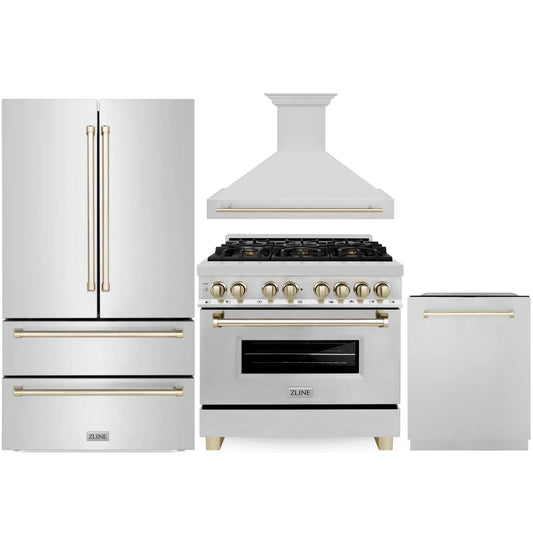 ZLINE Autograph Edition 4-Piece Appliance Package - 36" Dual Fuel Range, 36" Refrigerator, Wall Mounted Range Hood, & 24" Tall Tub Dishwasher in Stainless Steel with Gold Trim (4KAPR-RARHDWM36-G)