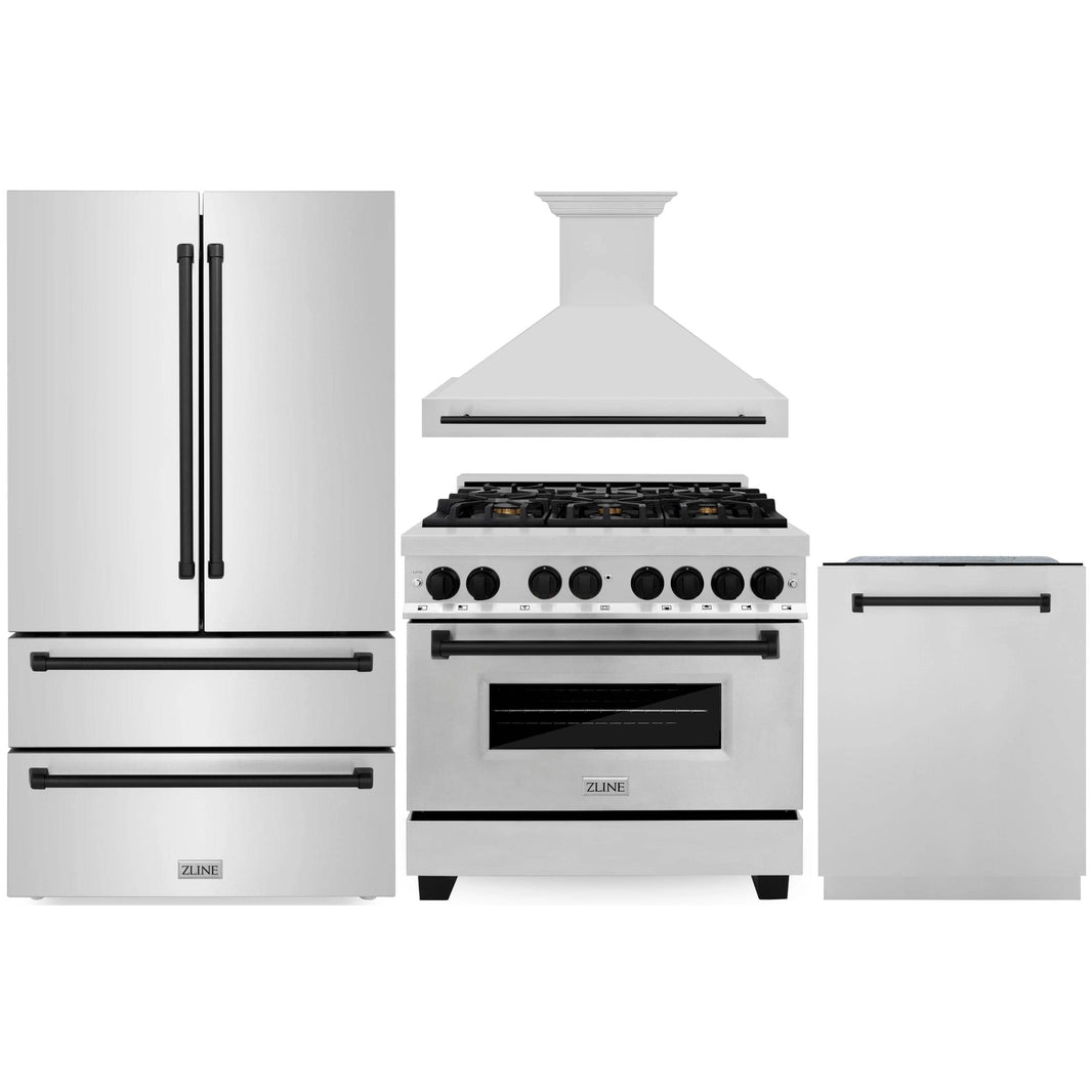 ZLINE Autograph Edition 4-Piece Appliance Package - 36" Dual Fuel Range, 36" Refrigerator, Wall Mounted Range Hood, & 24" Tall Tub Dishwasher in Stainless Steel with Matte Black Trim (4KAPR-RARHDWM36-MB)