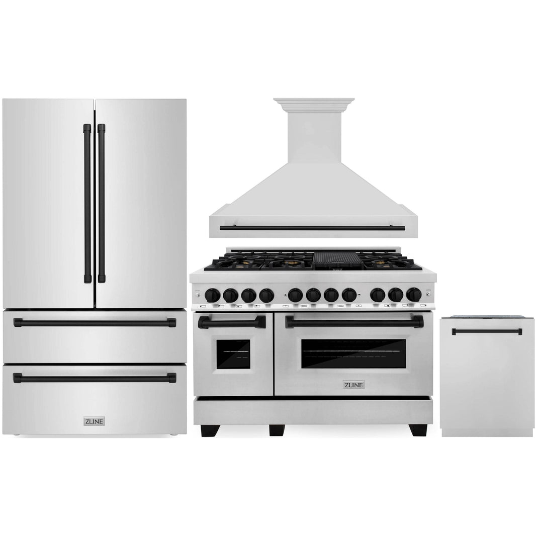 ZLINE Autograph Edition 4-Piece Appliance Package - 48" Dual Fuel Range, 36" Refrigerator, Wall Mounted Range Hood, & 24" Tall Tub Dishwasher in Stainless Steel with Matte Black Trim (4KAPR-RARHDWM48-MB)