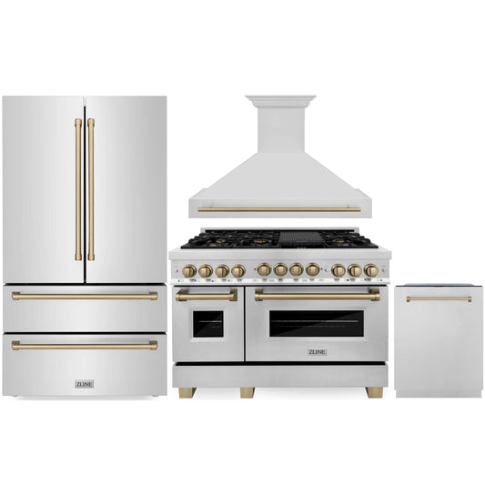 ZLINE Autograph Edition 4-Piece Appliance Package - 48" Dual Fuel Range, 36" Refrigerator, Wall Mounted Range Hood, & 24" Tall Tub Dishwasher in Stainless Steel with Champagne Bronze Trim (4KAPR-RARHDWM48-CB)