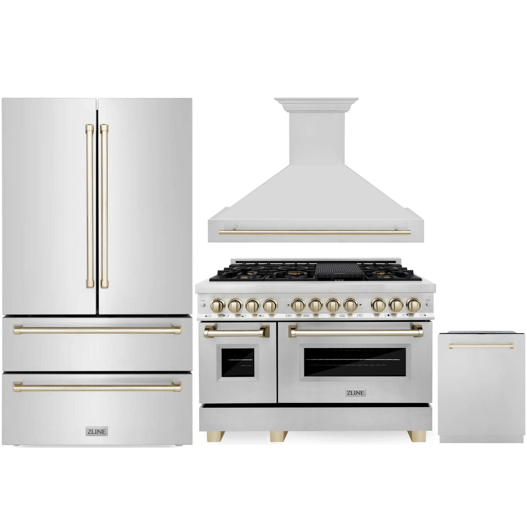 ZLINE Autograph Edition 4-Piece Appliance Package - 48" Dual Fuel Range, 36" Refrigerator, Wall Mounted Range Hood, & 24" Tall Tub Dishwasher in Stainless Steel with Gold Trim (4KAPR-RARHDWM48-G)