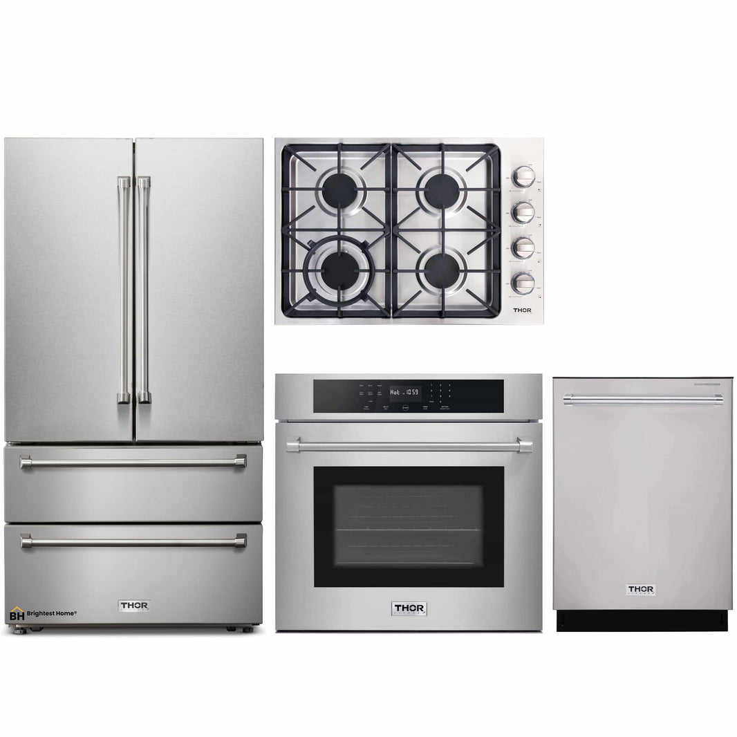 Thor Kitchen 4-Piece Pro Appliance Package - 30-Inch Gas Cooktop, Electric Wall Oven, Dishwasher & Refrigerator in Stainless Steel