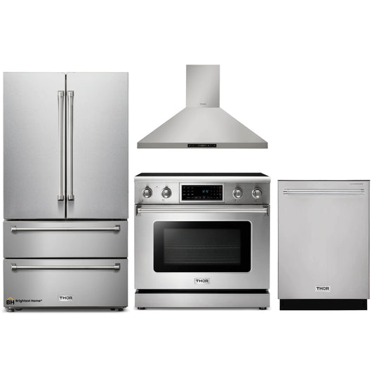 Thor Kitchen 4-Piece Appliance Package - 36-Inch Electric Range with Tilt Panel, French Door Refrigerator, Wall Mount Hood, and Dishwasher in Stainless Steel