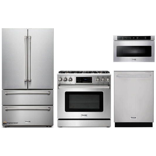 Thor Kitchen 4-Piece Appliance Package - 36-Inch Gas Range with Tilt Panel, French Door Refrigerator, Dishwasher, and Microwave Drawer in Stainless Steel
