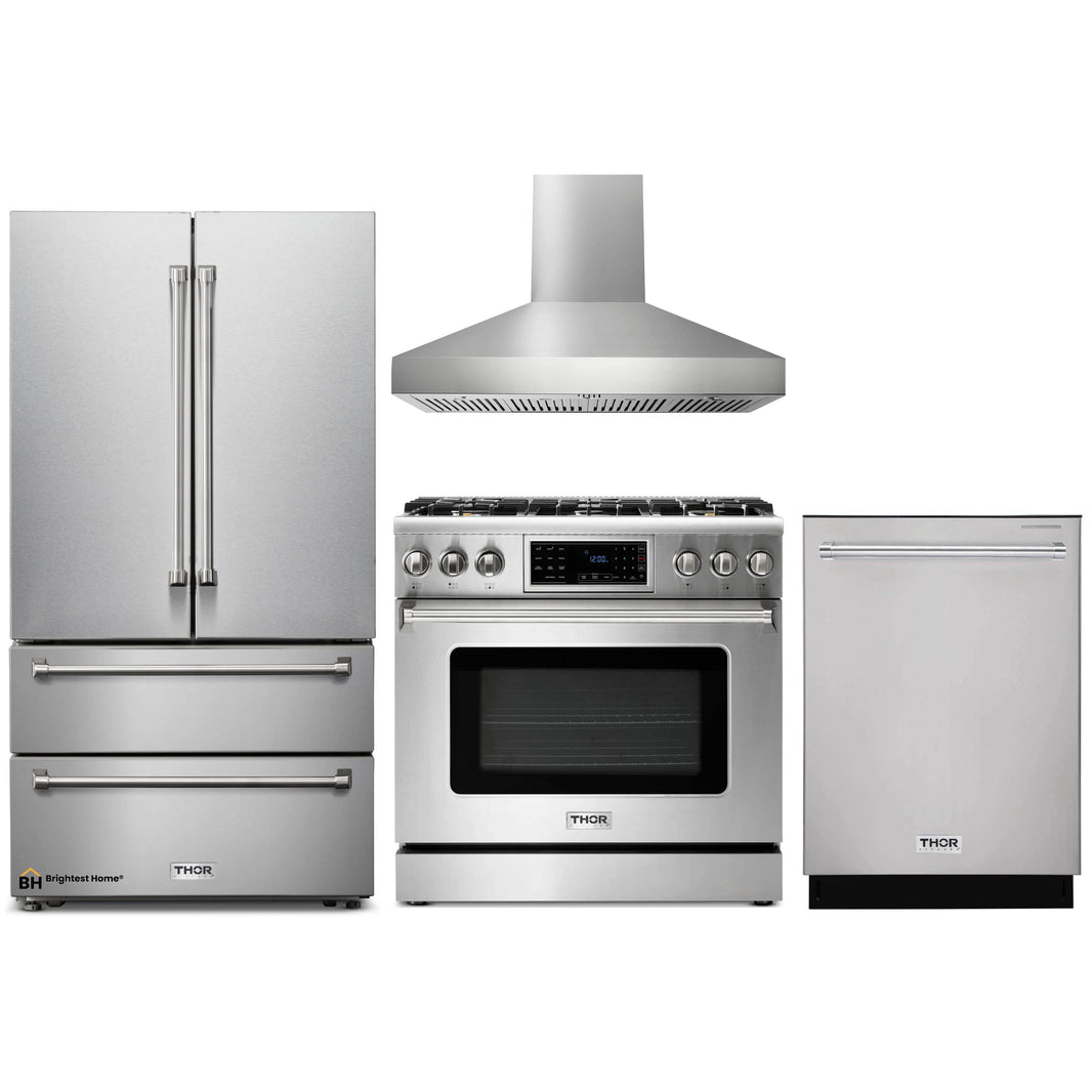 Thor Kitchen 4-Piece Appliance Package - 36-Inch Gas Range with Tilt Panel, French Door Refrigerator, Pro-Style Wall Mount Hood, and Dishwasher in Stainless Steel