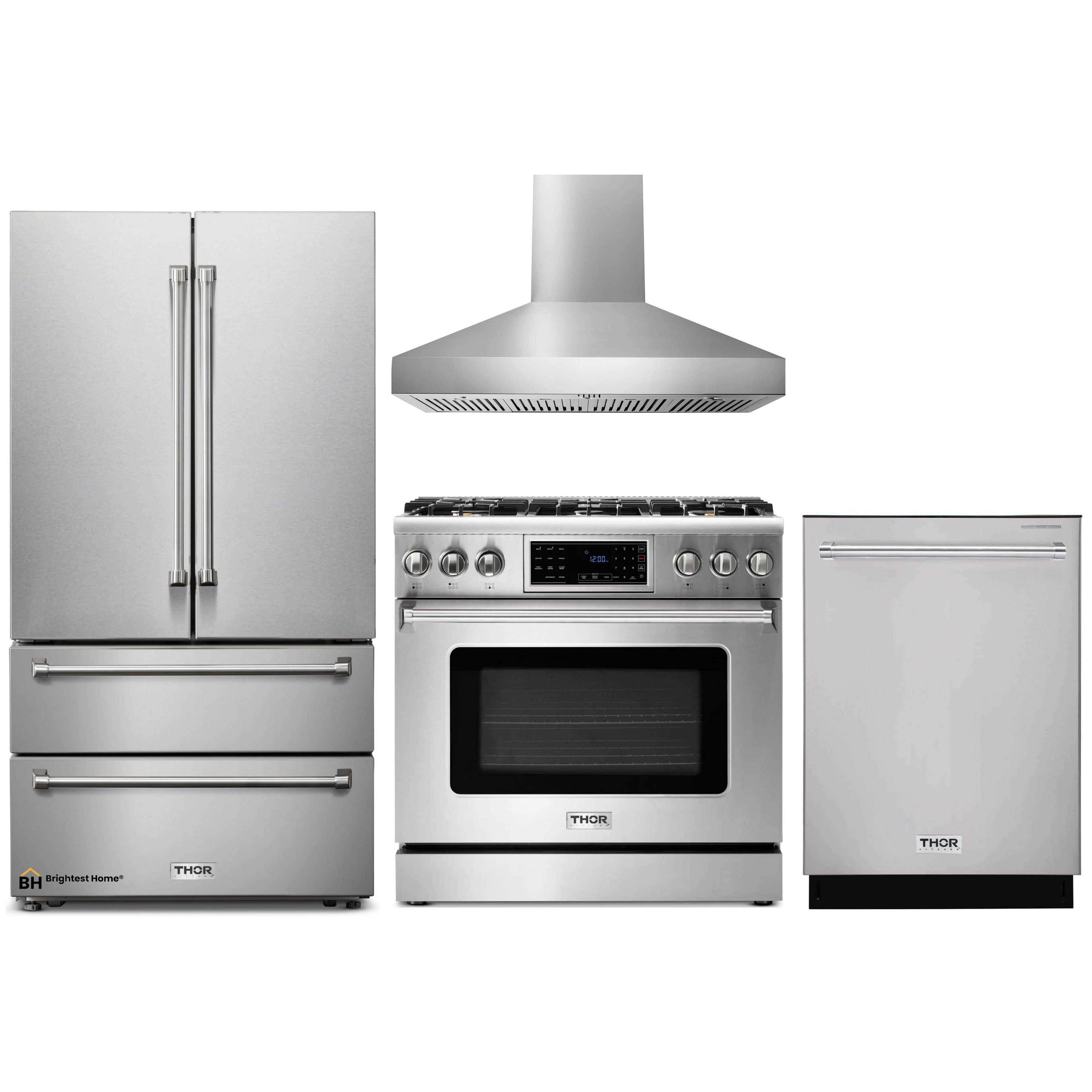 Thor Kitchen 4-Piece Appliance Package - 36-Inch Gas Range with Tilt Panel, French Door Refrigerator, Pro-Style Wall Mount Hood, and Dishwasher in Stainless Steel