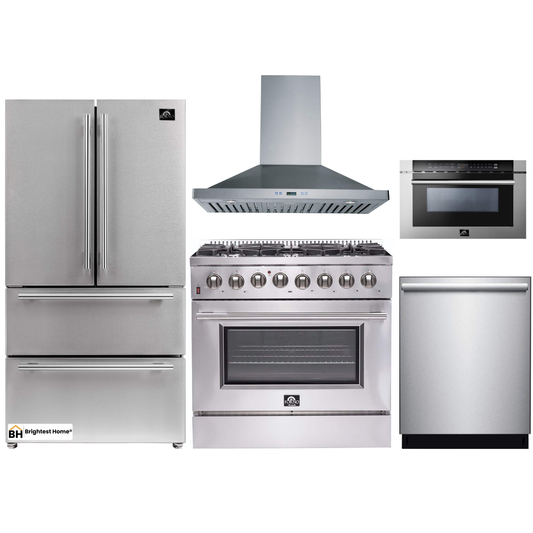 Forno 5-Piece Appliance Package - 36-Inch Dual Fuel Range, Refrigerator, Wall Mount Hood, Microwave Drawer, & 3-Rack Dishwasher in Stainless Steel