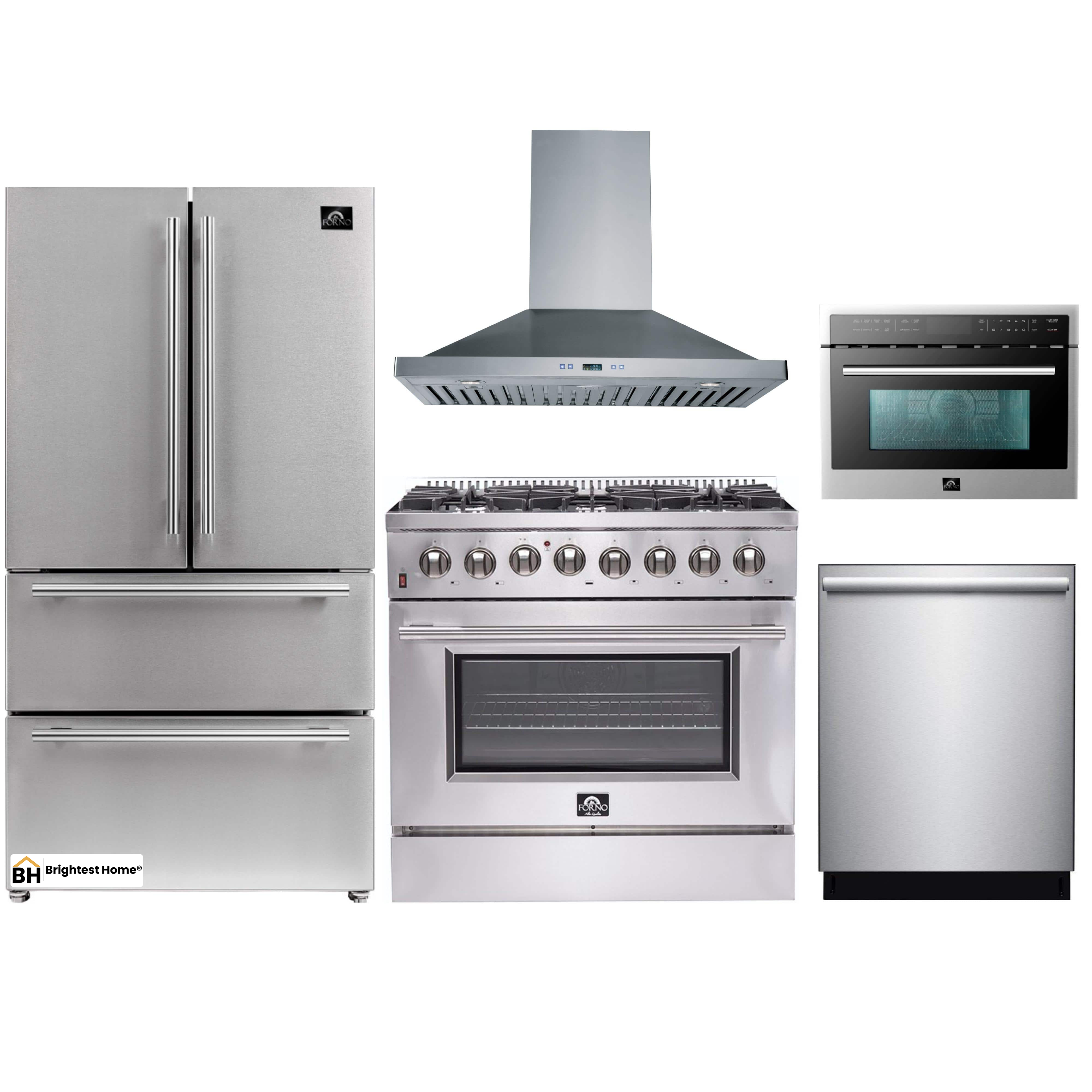 Forno 5-Piece Appliance Package - 36-Inch Dual Fuel Range, Refrigerator, Wall Mount Hood, Microwave Oven, & 3-Rack Dishwasher in Stainless Steel