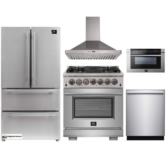 Forno 5-Piece Pro Appliance Package - 30-Inch Dual Fuel Range, Refrigerator, Wall Mount Hood, Microwave Drawer, & 3-Rack Dishwasher in Stainless Steel