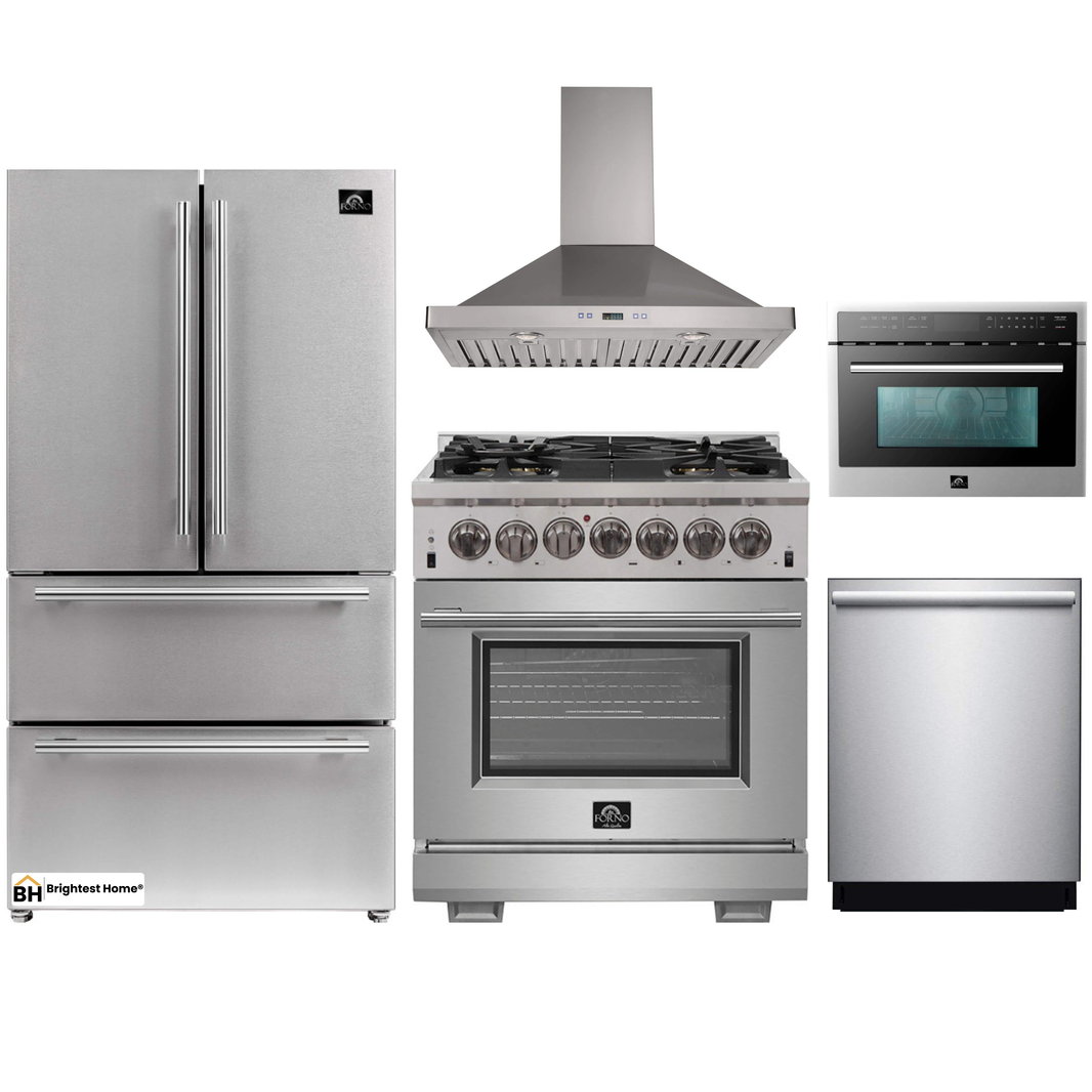 Forno 5-Piece Pro Appliance Package - 30-Inch Dual Fuel Range, Refrigerator, Wall Mount Hood, Microwave Oven, & 3-Rack Dishwasher in Stainless Steel