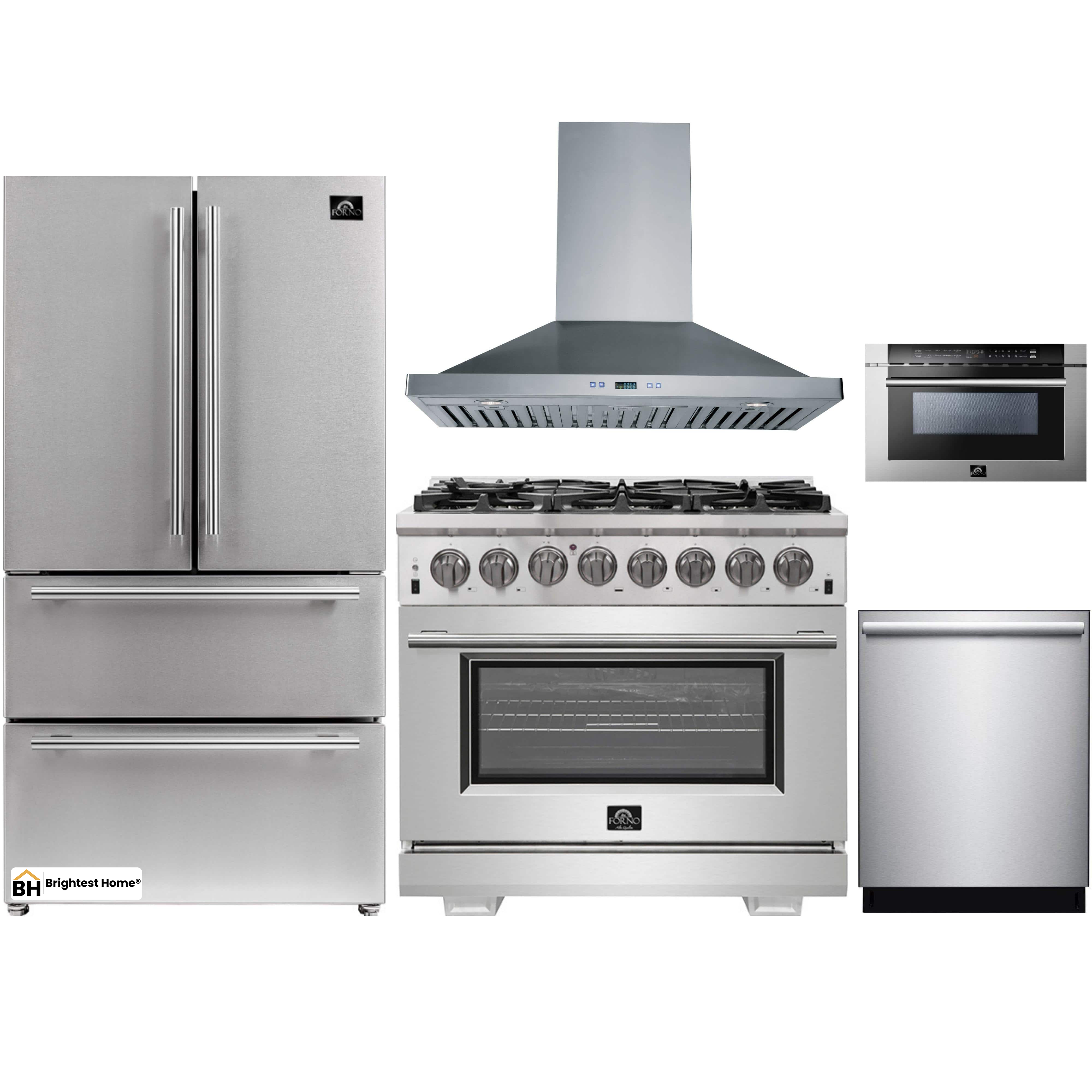 Forno 5-Piece Pro Appliance Package - 36-Inch Dual Fuel Range, Refrigerator, Wall Mount Hood, Microwave Drawer, & 3-Rack Dishwasher in Stainless Steel