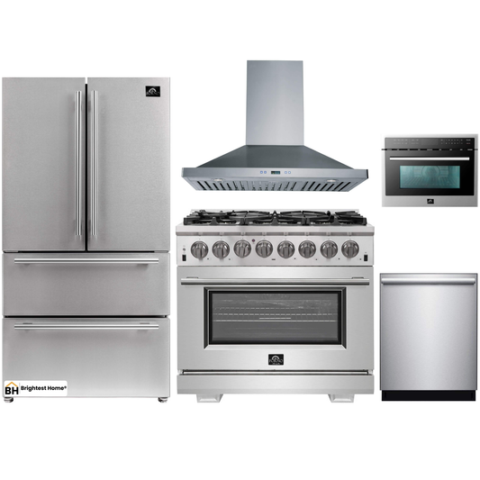 Forno 5-Piece Pro Appliance Package - 36-Inch Dual Fuel Range, Refrigerator, Wall Mount Hood, Microwave Oven, & 3-Rack Dishwasher in Stainless Steel