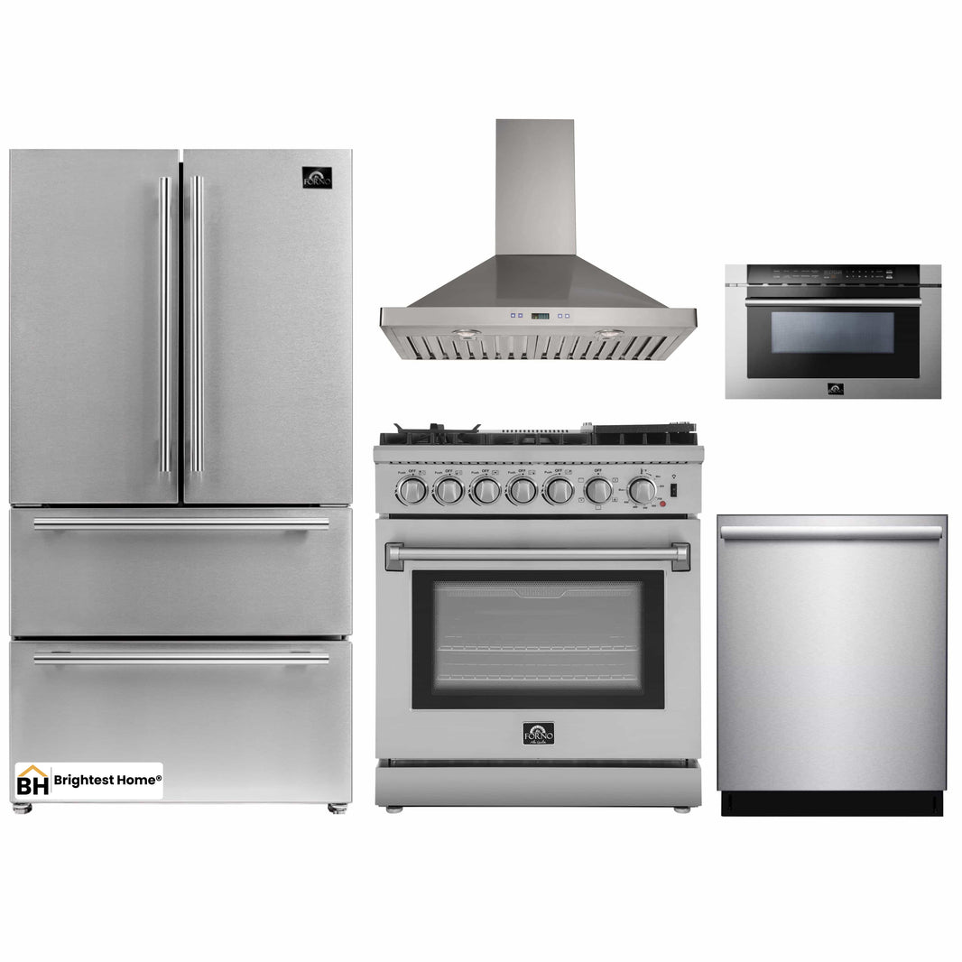 Forno 5-Piece Appliance Package - 30-Inch Dual Fuel Range with Air Fryer, Refrigerator, Wall Mount Hood, Microwave Drawer, & 3-Rack Dishwasher in Stainless Steel