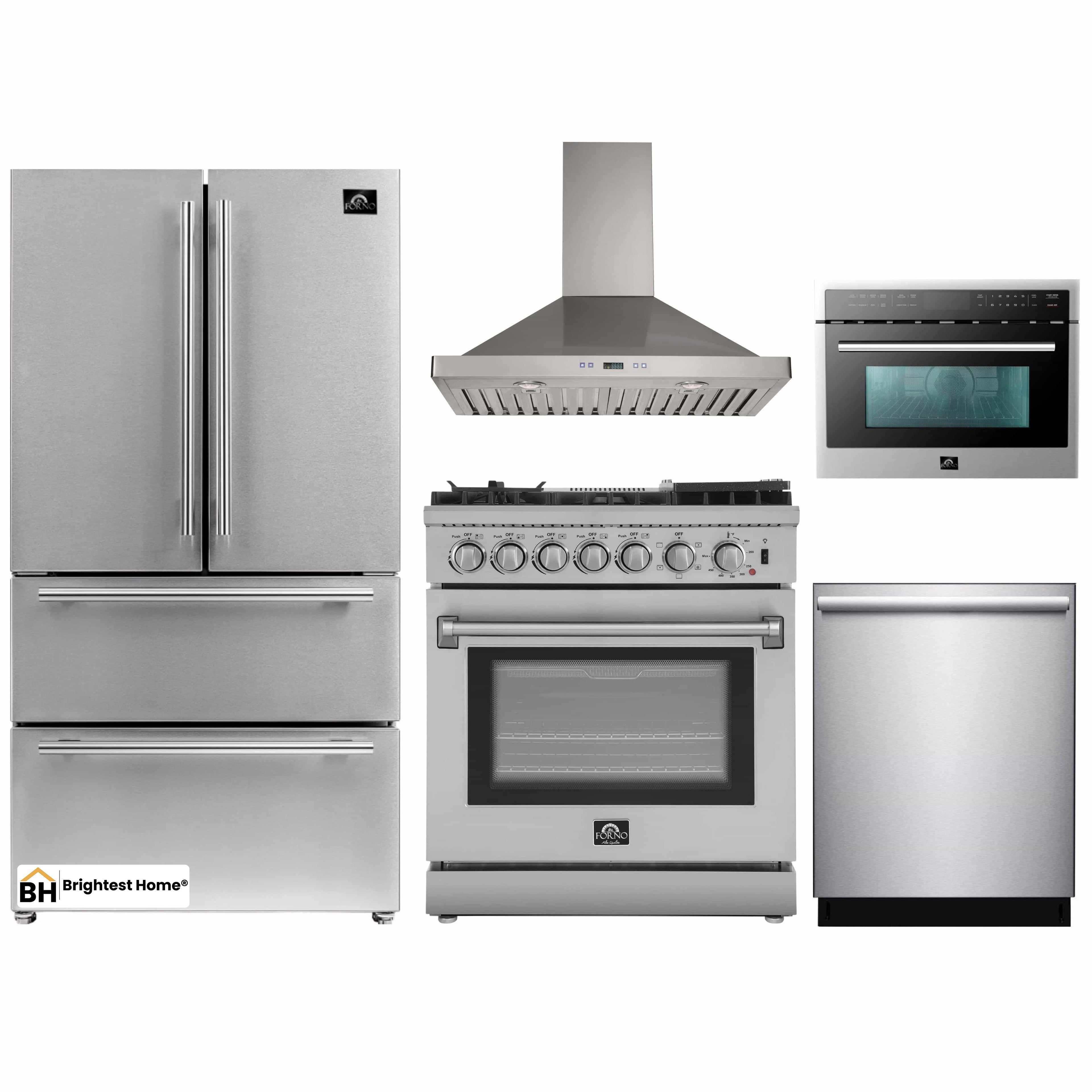 Forno 5-Piece Appliance Package - 30-Inch Dual Fuel Range with Air Fryer, Refrigerator, Wall Mount Hood, Microwave Oven, & 3-Rack Dishwasher in Stainless Steel