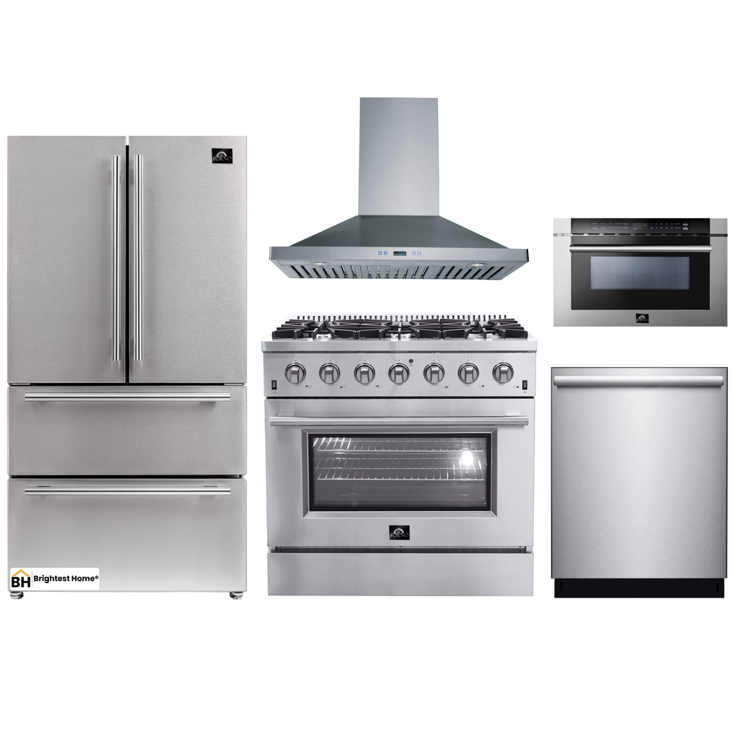 Forno 5-Piece Appliance Package - 36-Inch Gas Range, Refrigerator, Wall Mount Hood, Microwave Drawer, & 3-Rack Dishwasher in Stainless Steel