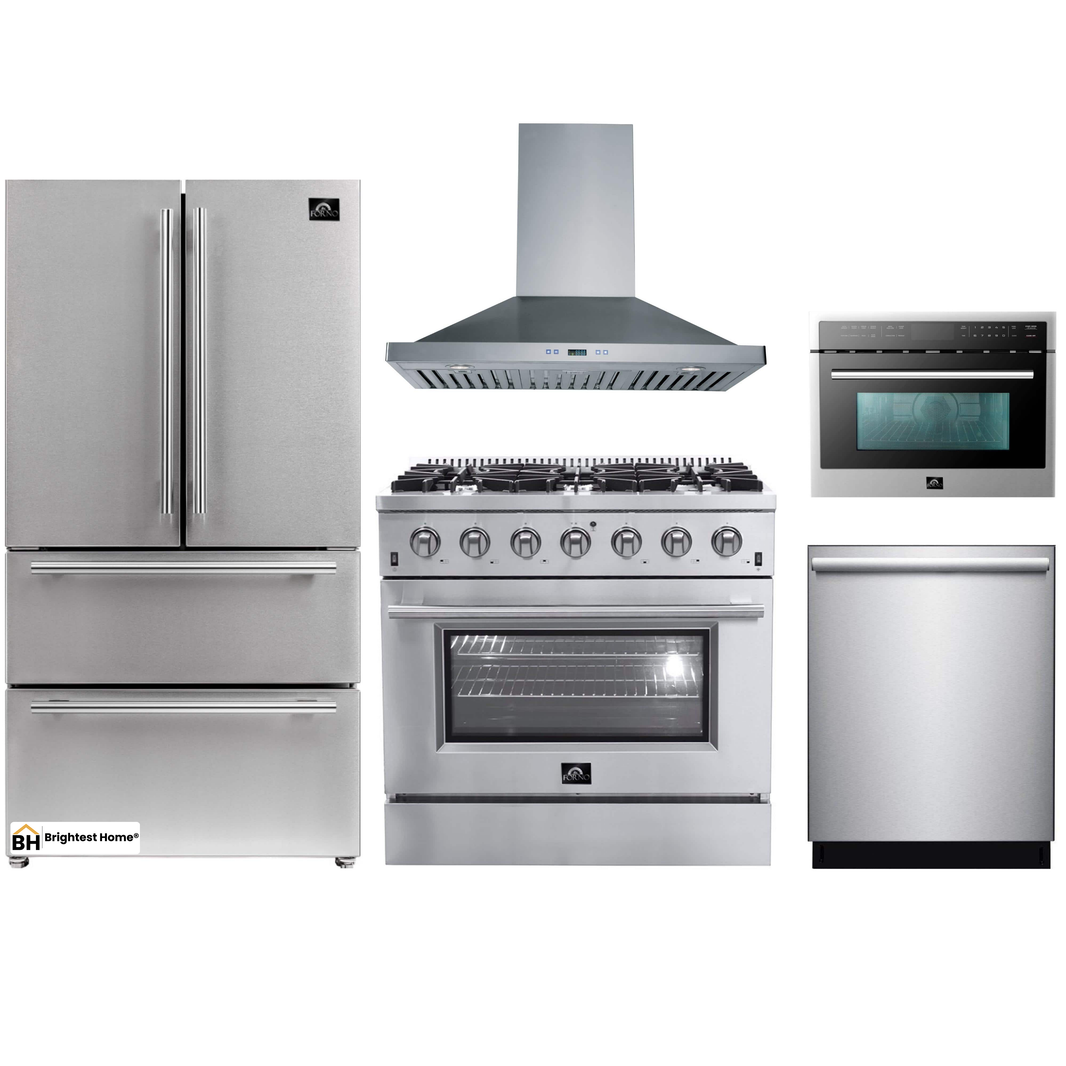 Forno 5-Piece Appliance Package - 36-Inch Gas Range, Refrigerator, Wall Mount Hood, Microwave Oven, & 3-Rack Dishwasher in Stainless Steel