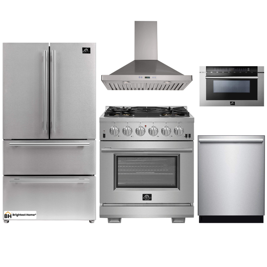 Forno 5-Piece Pro Appliance Package - 30-Inch Gas Range, Refrigerator, Wall Mount Hood, Microwave Drawer, & 3-Rack Dishwasher in Stainless Steel