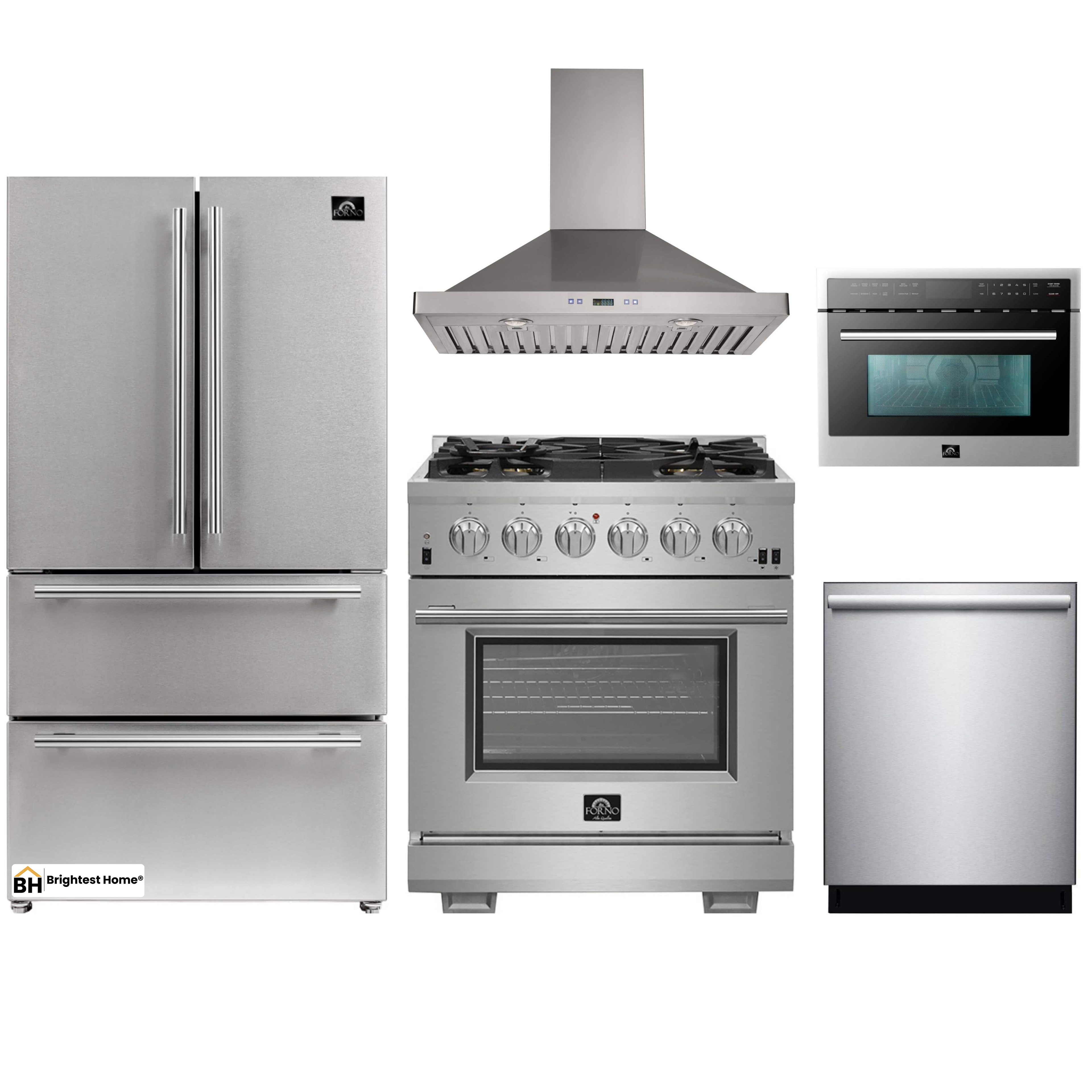 Forno 5-Piece Pro Appliance Package - 30-Inch Gas Range, 36-Inch Refrigerator Wall Mount Hood, Microwave Oven, & 3-Rack Dishwasher in Stainless Steel