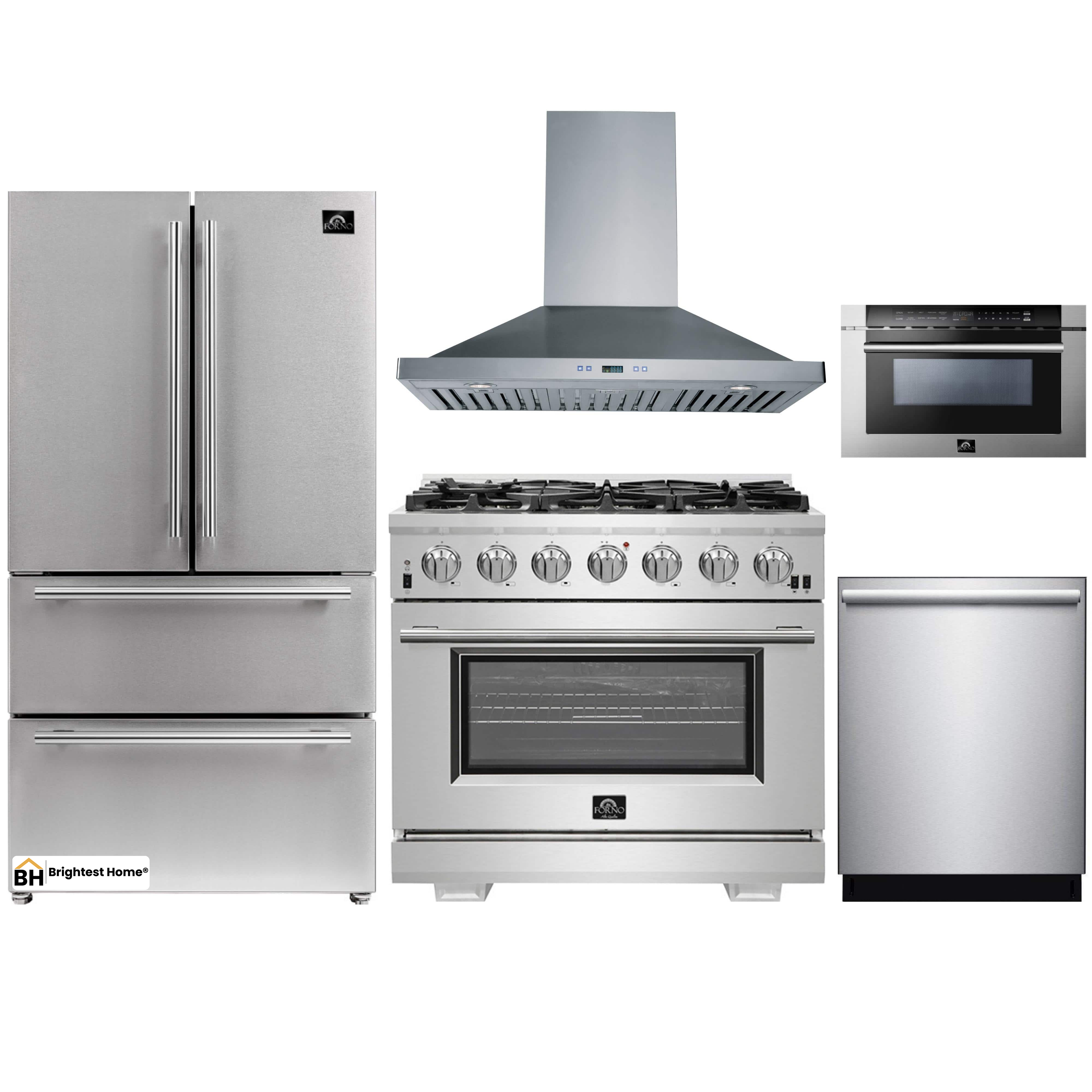 Forno 5-Piece Pro Appliance Package - 36-Inch Gas Range, Refrigerator, Wall Mount Hood, Microwave Drawer, & 3-Rack Dishwasher in Stainless Steel