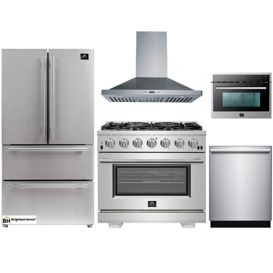 Forno 5-Piece Pro Appliance Package - 36-Inch Gas Range, Refrigerator, Wall Mount Hood, Microwave Oven, & 3-Rack Dishwasher in Stainless Steel