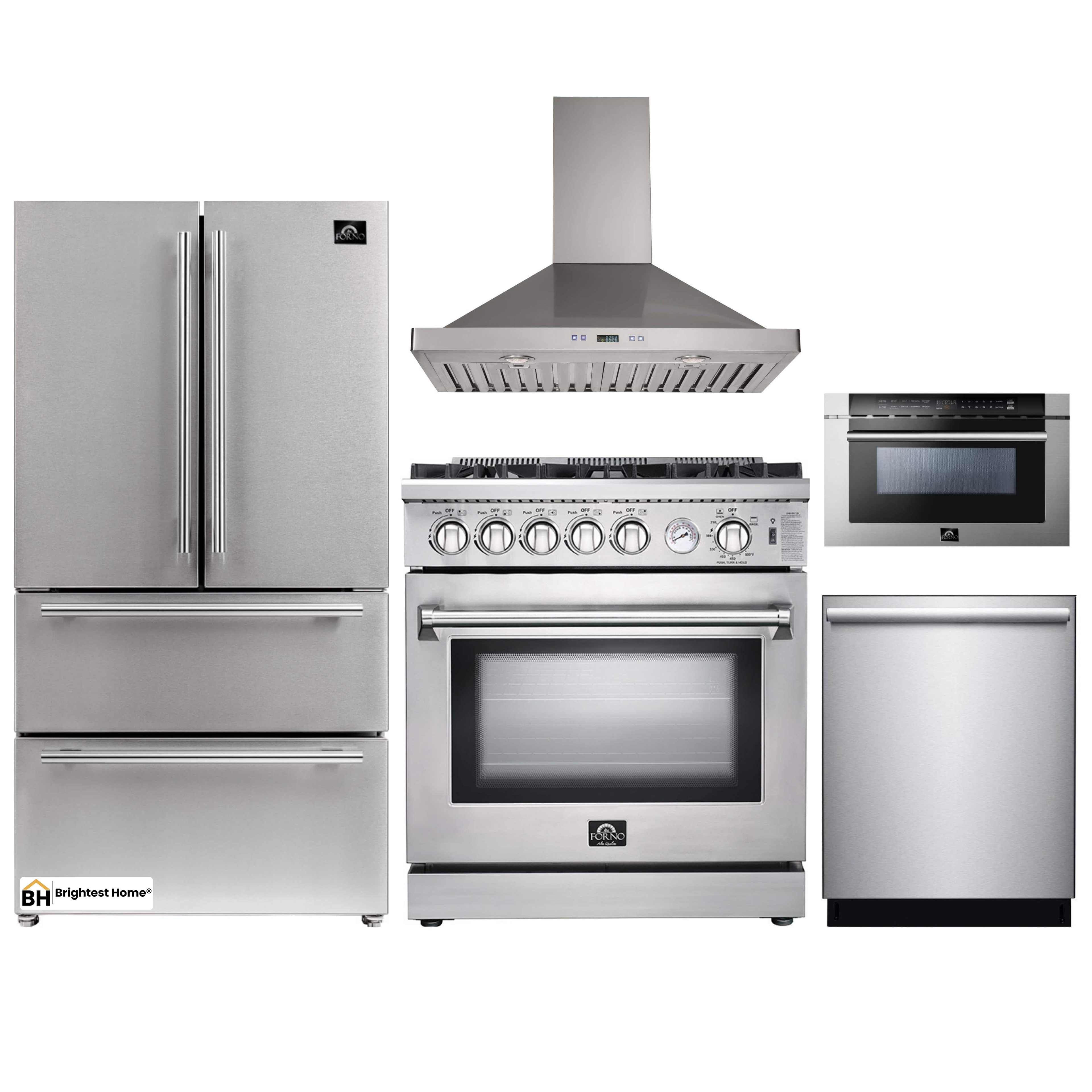 Forno 5-Piece Appliance Package - 30-Inch Gas Range, Refrigerator, Wall Mount Hood, Microwave Drawer, & 3-Rack Dishwasher in Stainless Steel