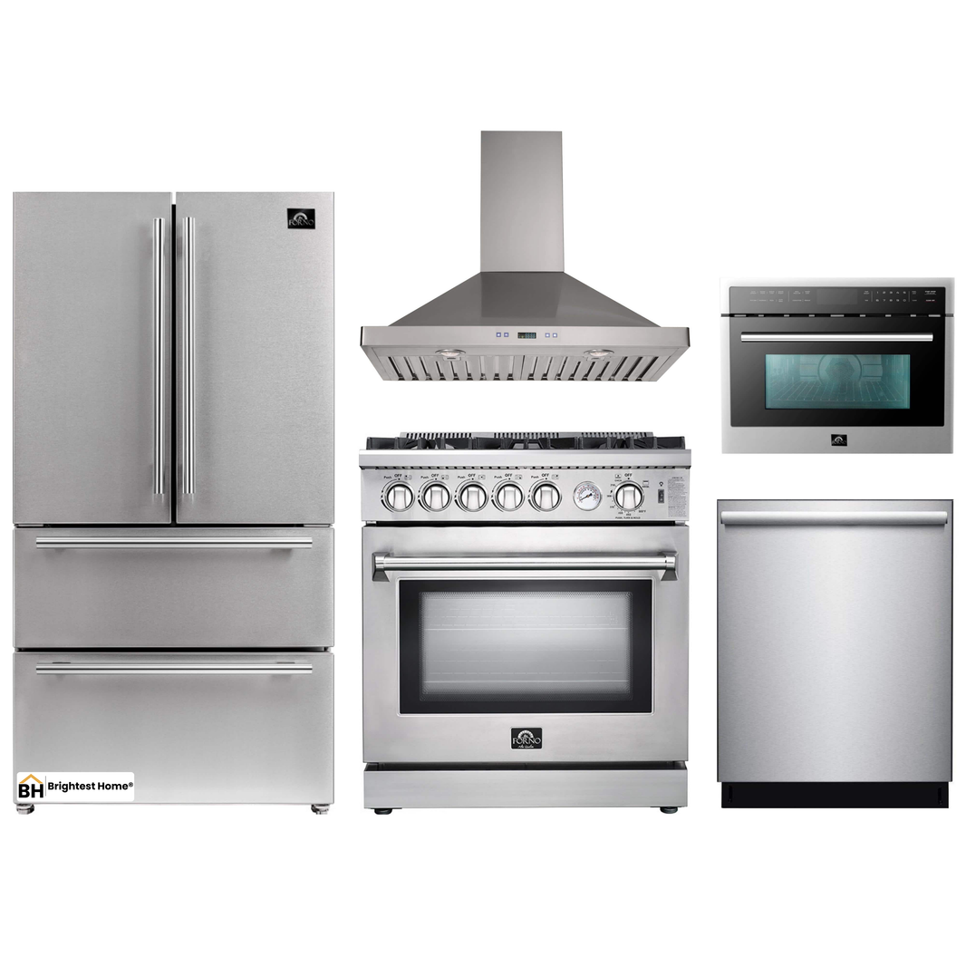 Forno 5-Piece Appliance Package - 30-Inch Gas Range, Refrigerator, Wall Mount Hood, Microwave Oven, & 3-Rack Dishwasher in Stainless Steel