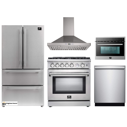 Forno 5-Piece Appliance Package - 30-Inch Gas Range, Refrigerator, Wall Mount Hood, Microwave Oven, & 3-Rack Dishwasher in Stainless Steel