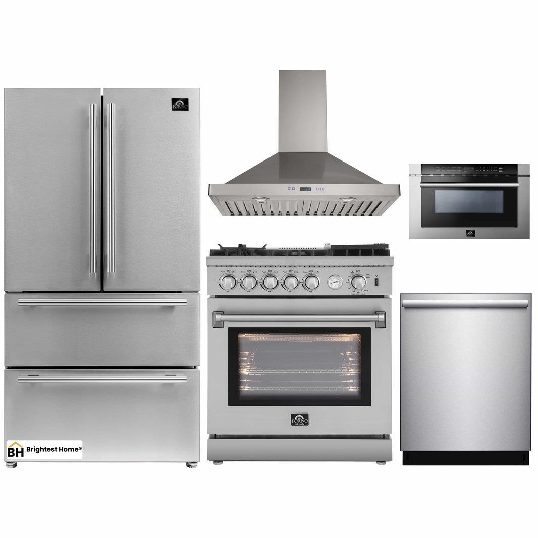 Forno 5-Piece Appliance Package - 30-Inch Gas Range with Air Fryer, Refrigerator, Wall Mount Hood, Microwave Drawer, & 3-Rack Dishwasher in Stainless Steel