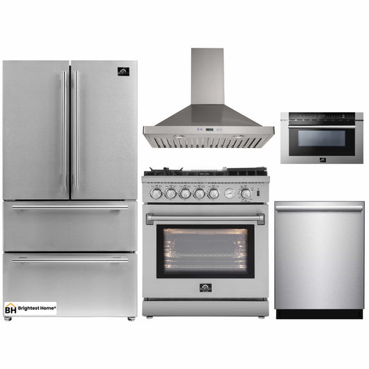 Forno 5-Piece Appliance Package - 30-Inch Gas Range with Air Fryer, Refrigerator, Wall Mount Hood, Microwave Drawer, & 3-Rack Dishwasher in Stainless Steel