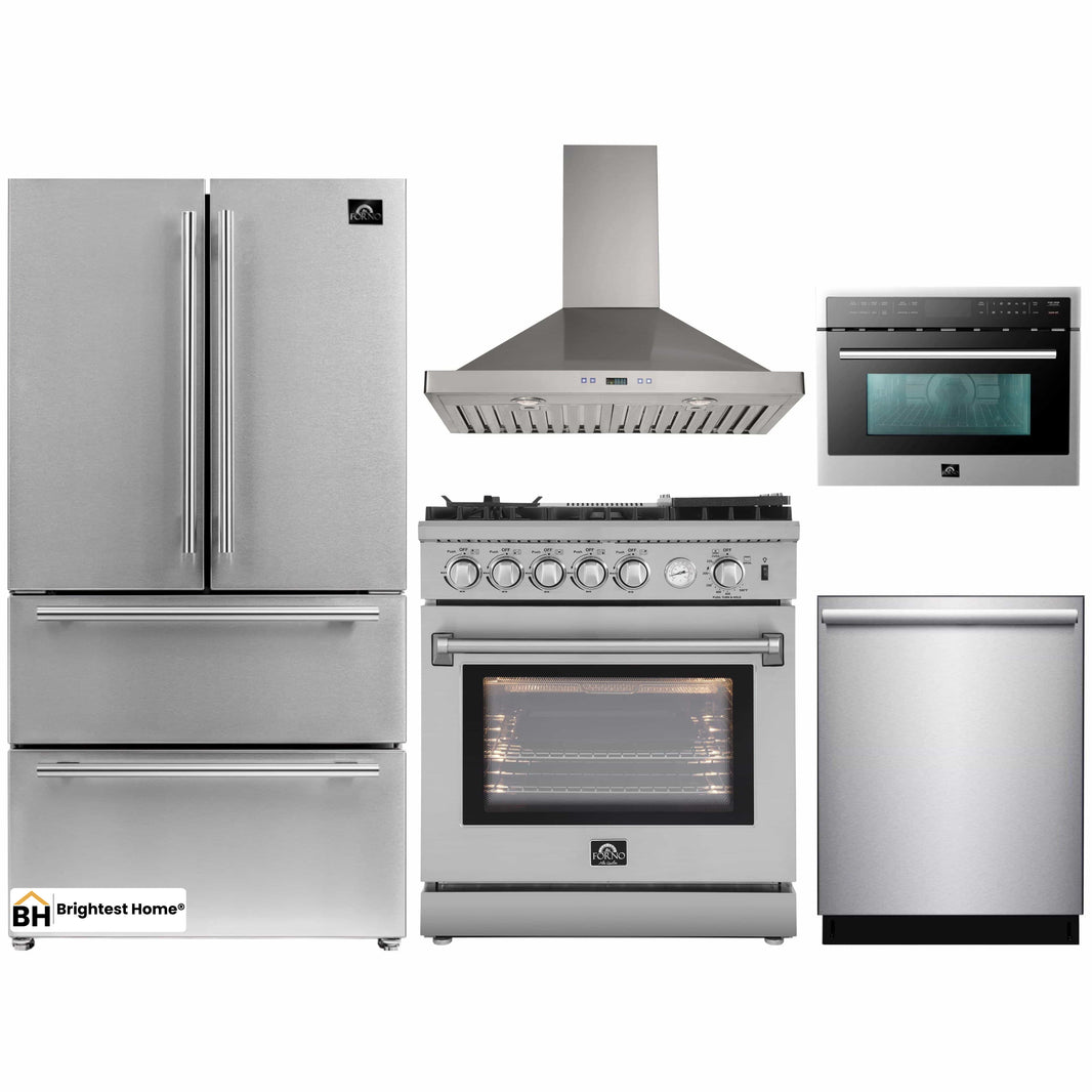 Forno 5-Piece Appliance Package - 30-Inch Gas Range with Air Fryer, Refrigerator, Wall Mount Hood, Microwave Oven, & 3-Rack Dishwasher in Stainless Steel