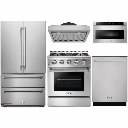 Thor Kitchen 5-Piece Pro Appliance Package - 30-Inch Dual Fuel Range, French Door Refrigerator, Under Cabinet Hood, Dishwasher, and Microwave Drawer in Stainless Steel