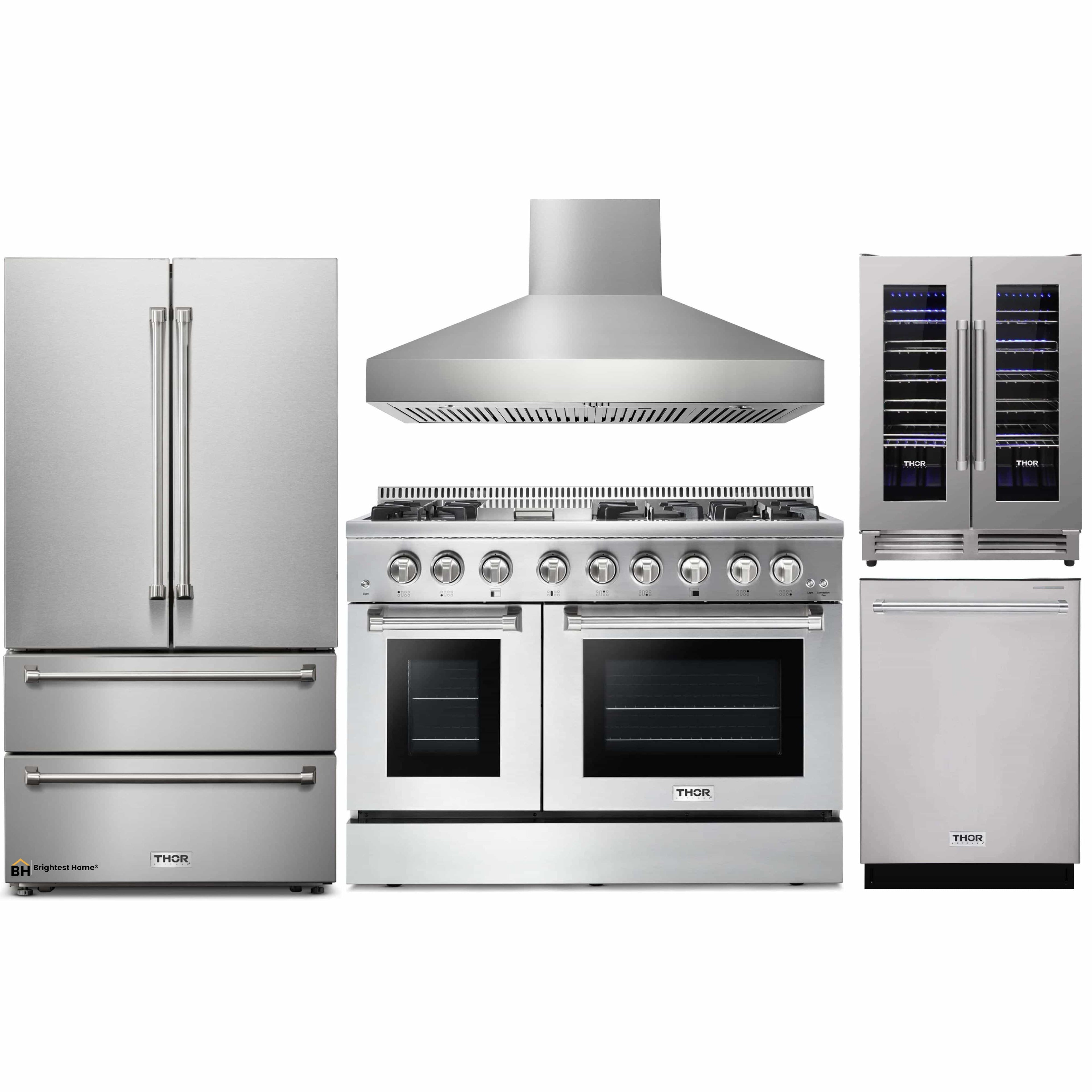 Thor Kitchen 5-Piece Pro Appliance Package - 48-Inch Dual Fuel Range, Pro Wall Mount Hood, French Door Refrigerator, Dishwasher, and Wine Cooler in Stainless Steel