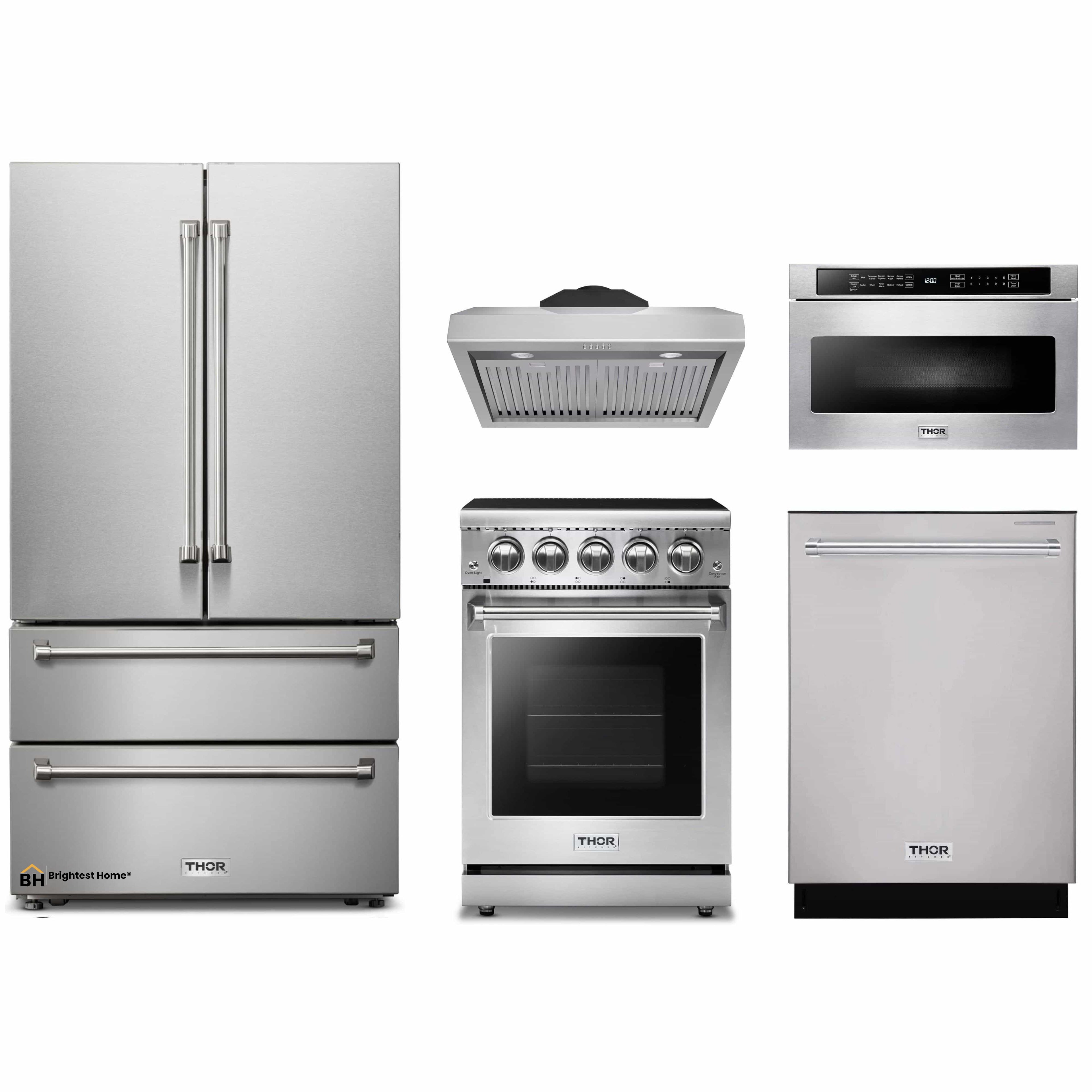 Thor Kitchen 5-Piece Appliance Package - 24-Inch Electric Range, French Door Refrigerator, Under Cabinet Hood, Dishwasher, and Microwave Drawer in Stainless Steel