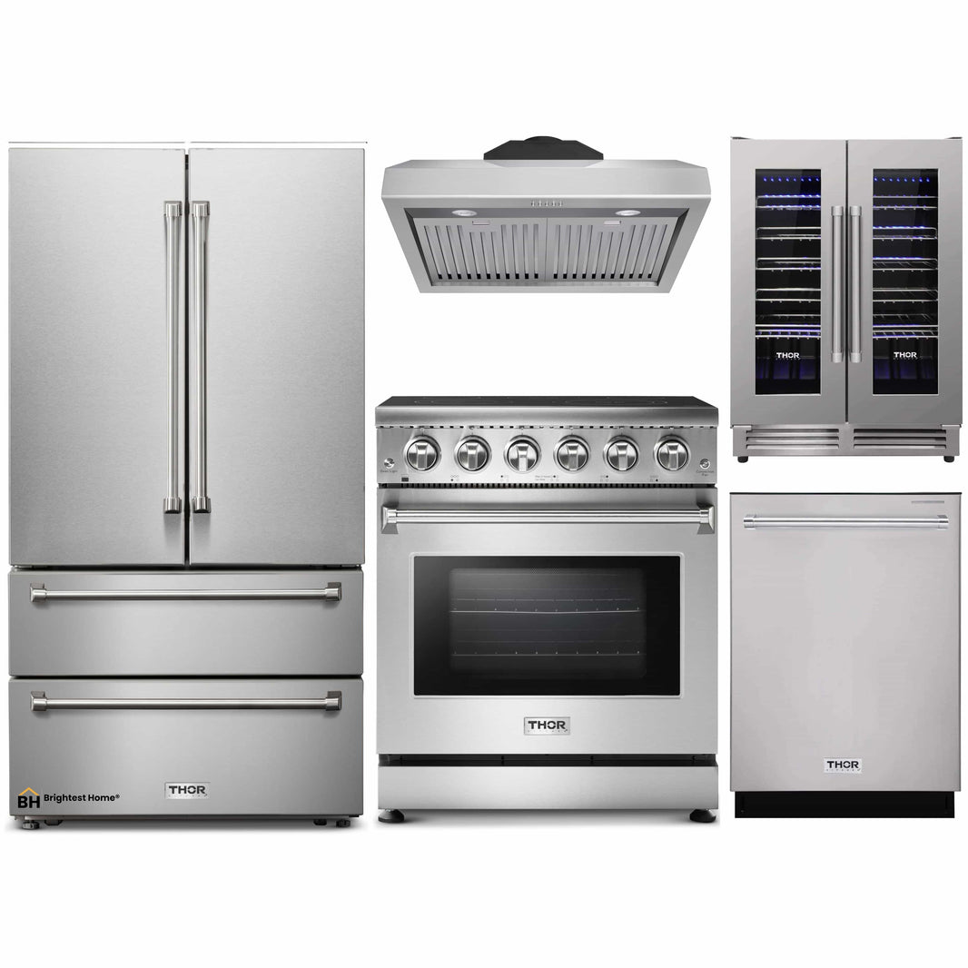 Thor Kitchen 5-Piece Appliance Package - 30-Inch Electric Range, French Door Refrigerator, Under Cabinet Hood, Dishwasher, & Wine Cooler in Stainless Steel