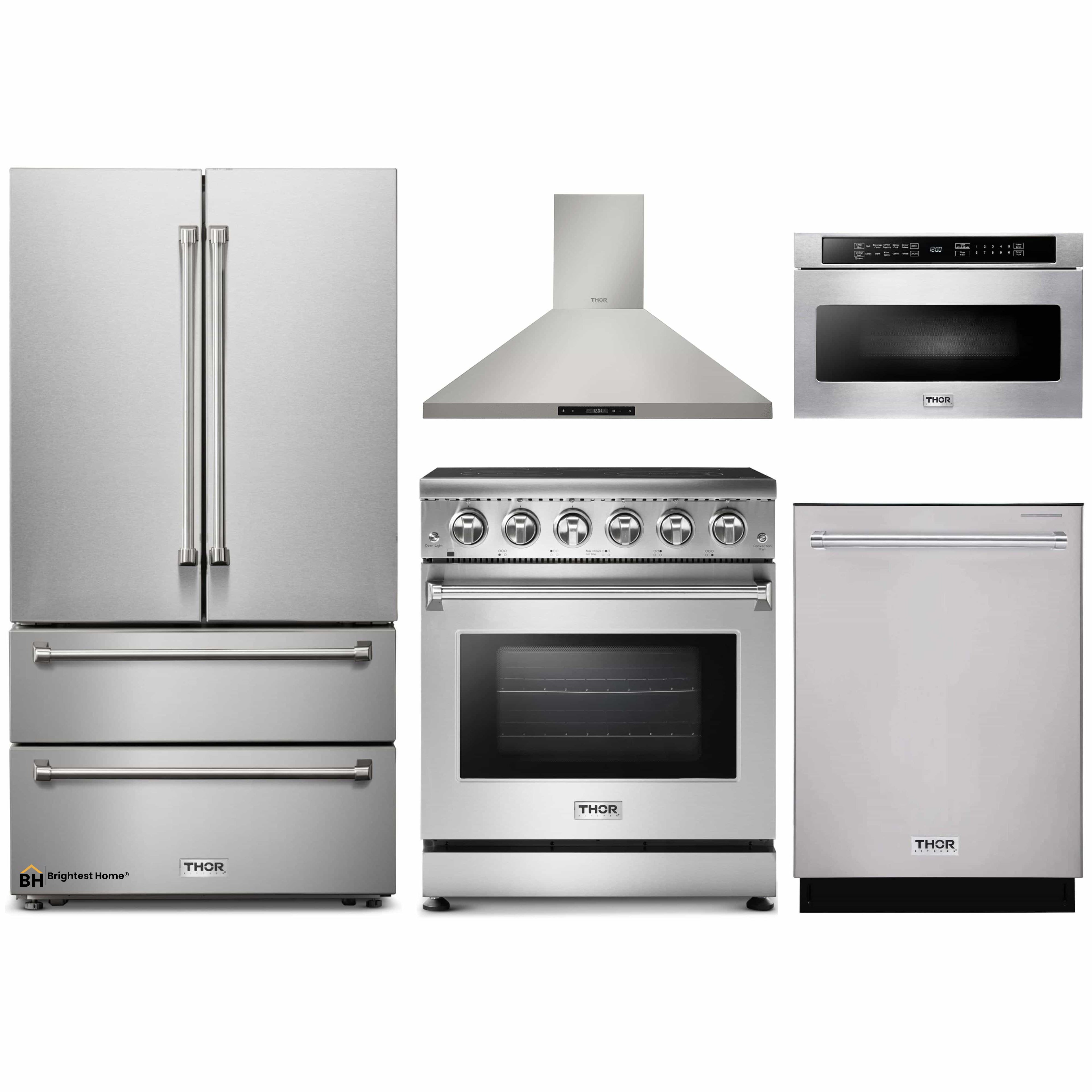 Thor Kitchen 5-Piece Appliance Package - 30-Inch Electric Range, French Door Refrigerator, Wall Mount Hood, Dishwasher, and Microwave Drawer in Stainless Steel